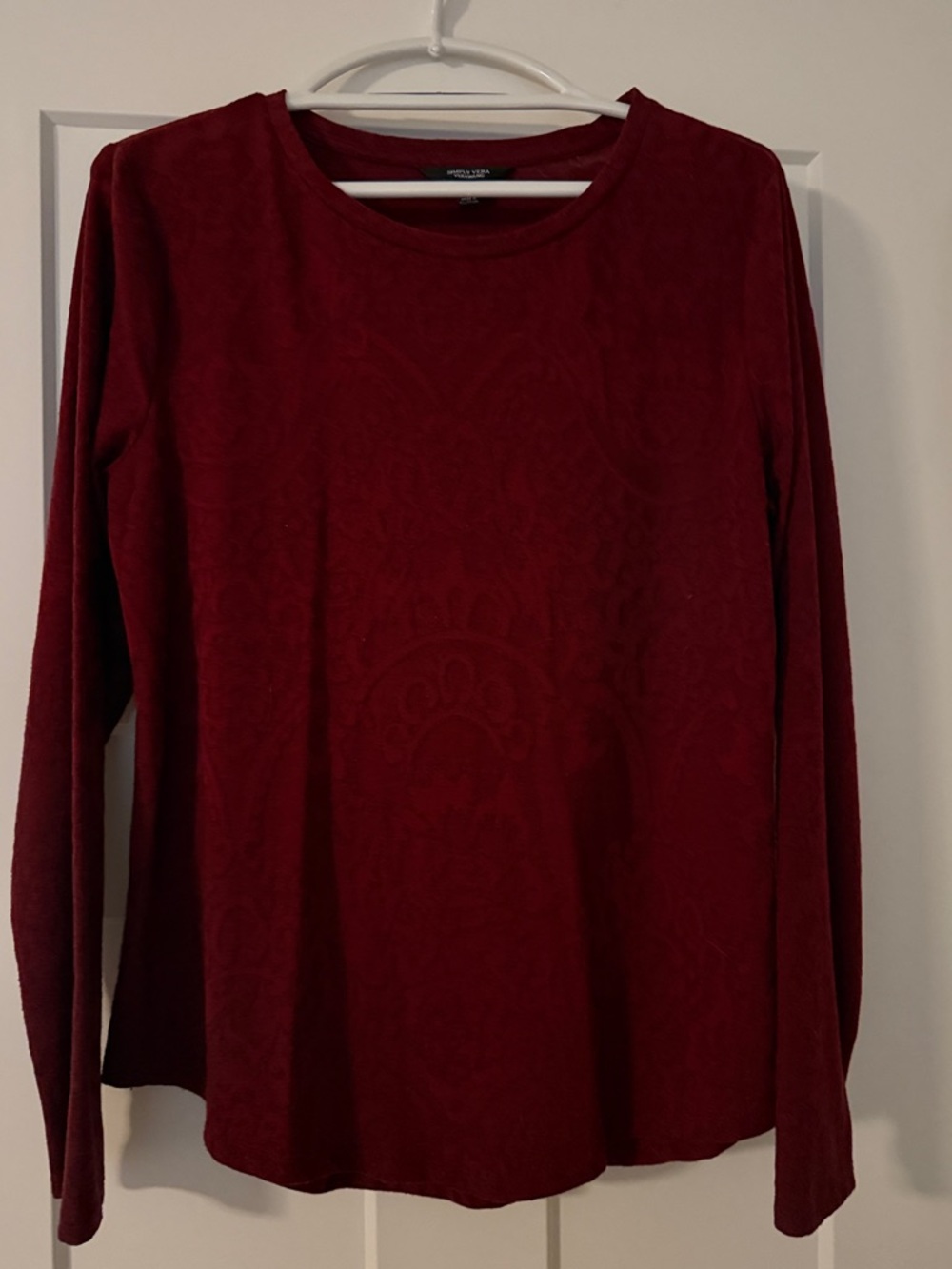 Women's Long Sleeve Crewneck Top in Burgundy with Subtle Pattern